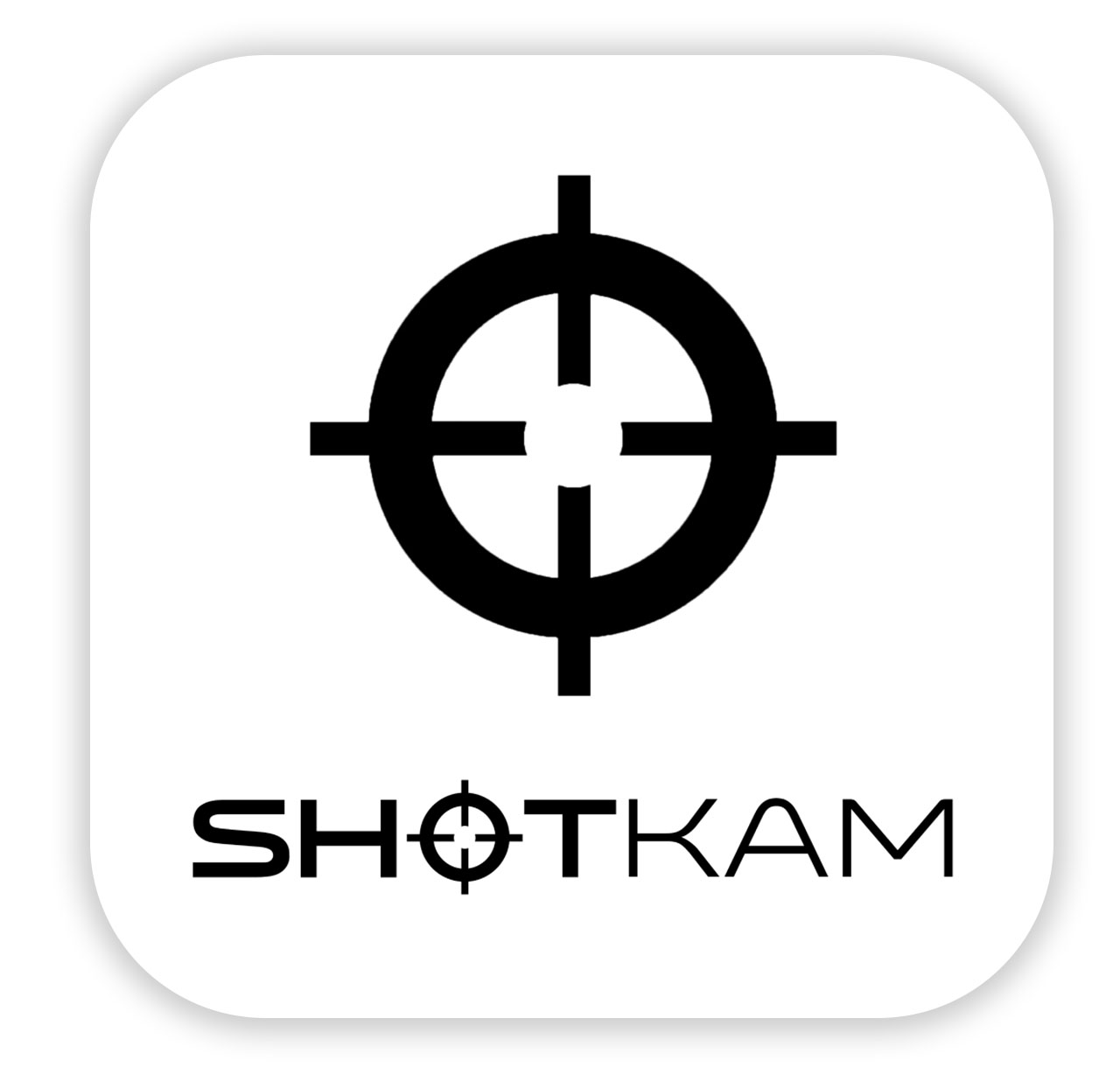 Icona dell'app ShotKam con un mirino nero sopra il nome del marchio 'ShotKam' su sfondo bianco.