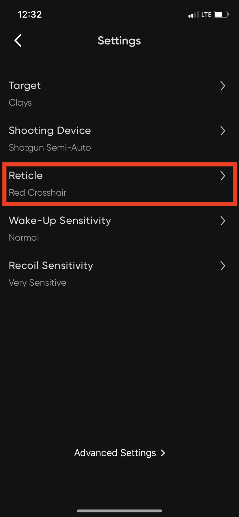Screenshot of the ShotKam app's settings menu on a mobile device. The menu includes options for Target (Clays), Shooting Device (Shotgun Semi-Auto), Reticle (highlighted in red box, set to Red Crosshair), Wake-Up Sensitivity (Normal), Recoil Sensitivity (Very Sensitive), and Advanced Settings.
