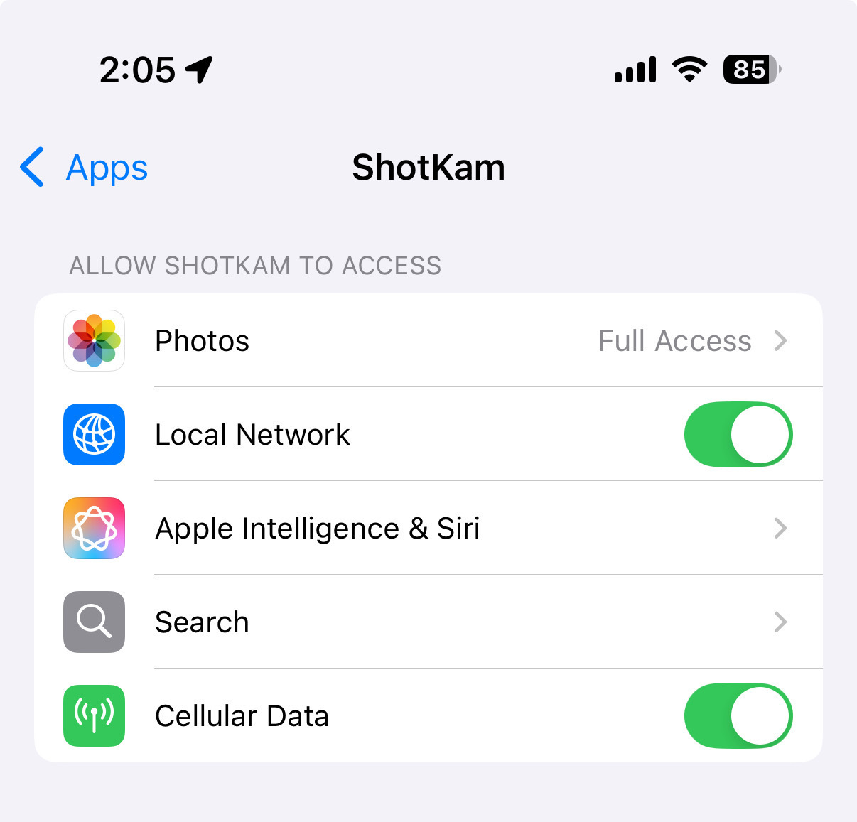 App permissions for ShotKam mobile app on an Apple iPhone or iPad 