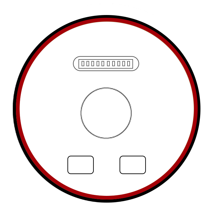 Задняя часть ShotKam Gen 4 с красным кольцом, USB-C, кнопкой и двумя светодиодами.